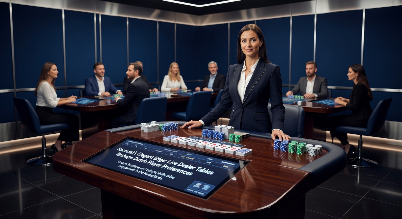 Elegante live baccarat tafel met professioneel geklede dealer en kaarten in actie, spelers chatten via scherm