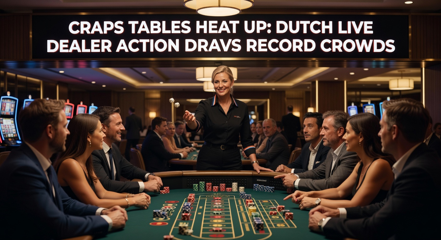 Drukke live craps-tafel met spelers en dealer in actie, chips vliegen over het groene vilt