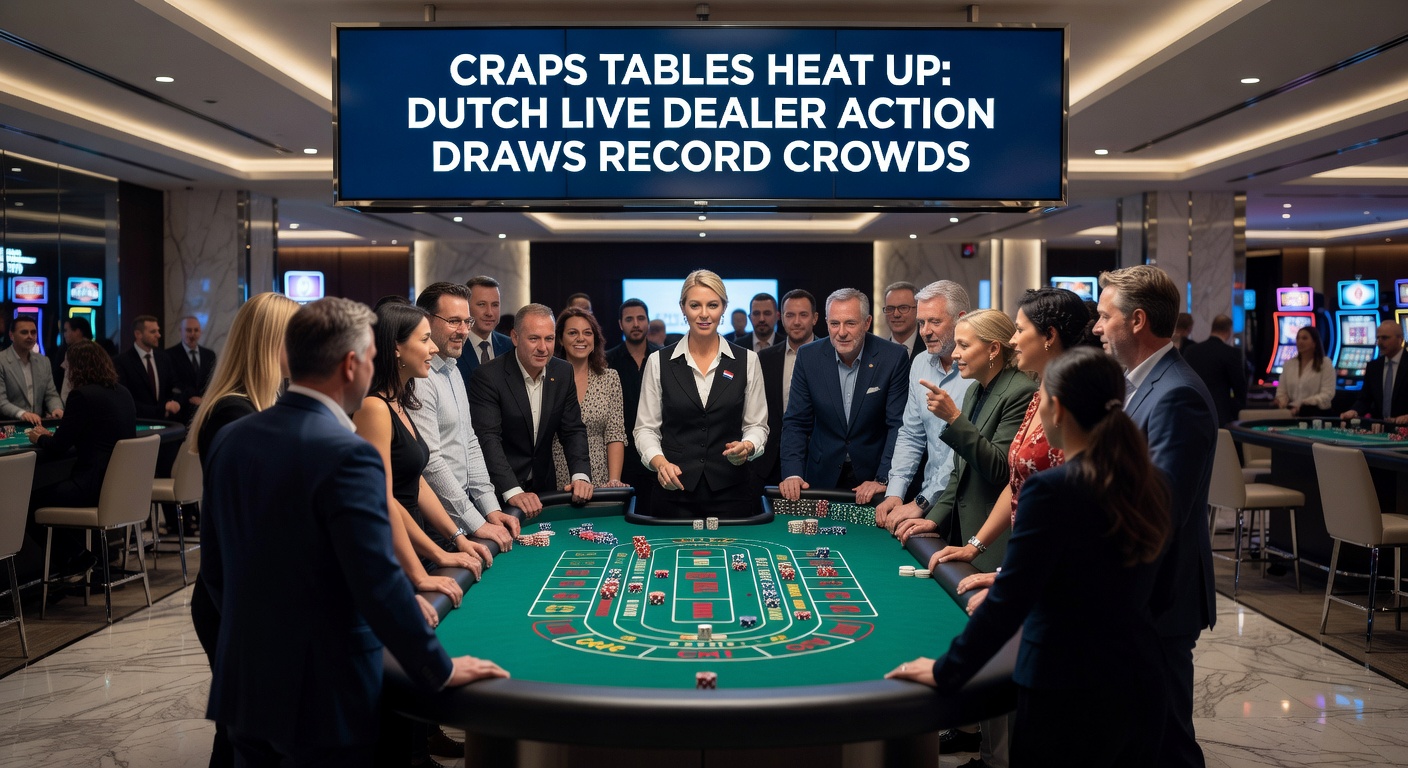 Close-up van craps-worp met dobbelstenen die rollen, dealer roept uitkomst, spelers juichen