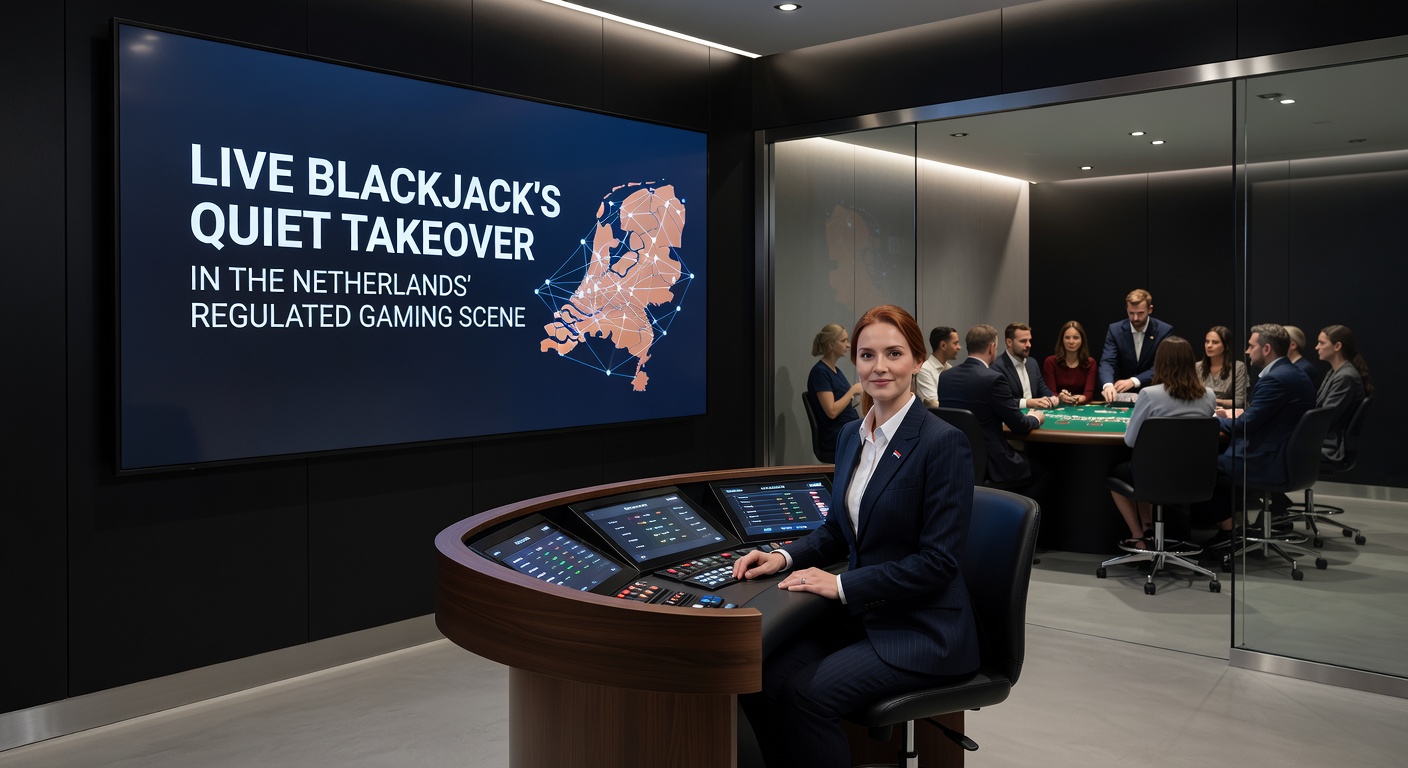 Speler aan een live blackjacktafel op mobiel scherm, met dealer die een ace en tien toont, en chatvenster actief in een Nederlands casino-app