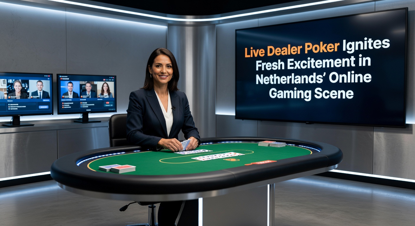 Spelers volgen een live poker game op hun scherm, met dealer en kaarten in close-up vanuit een professioneel studio