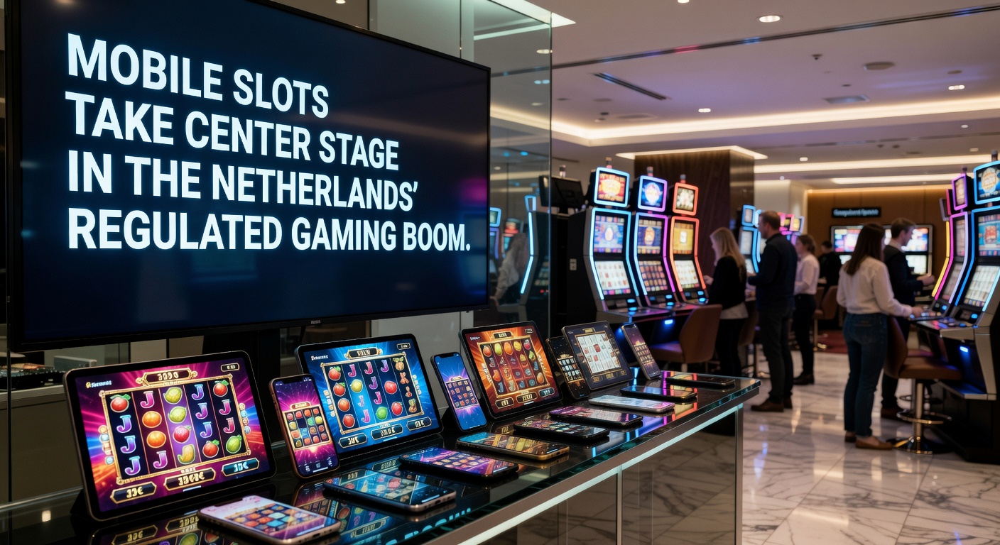 Smartphone met kleurrijke mobiele slots in actie op een Nederlands casino-platform, met de Nederlandse vlag op de achtergrond