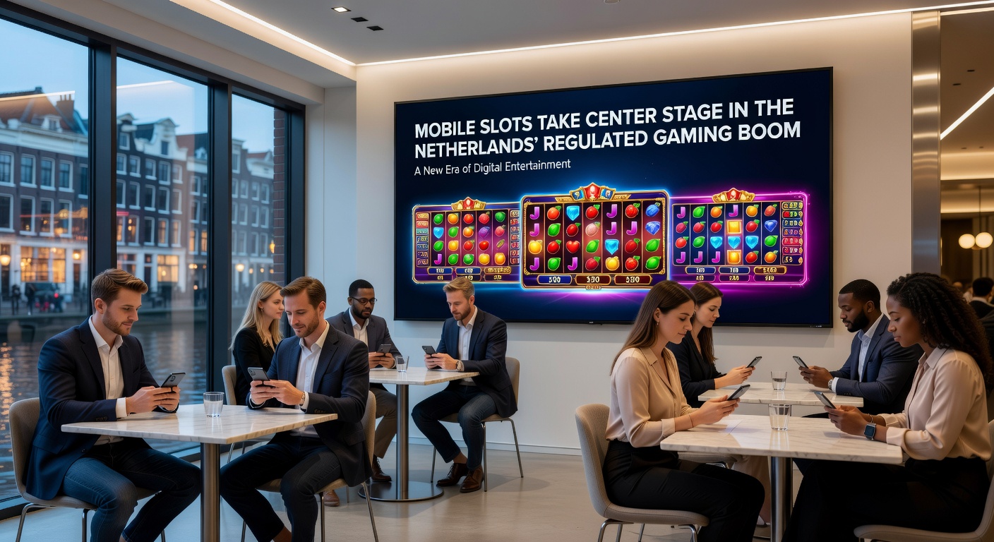 Grafiek met stijgende lijn van mobiele slot-omzet in Nederland, vergezeld van icons van populaire slots en een smartphone