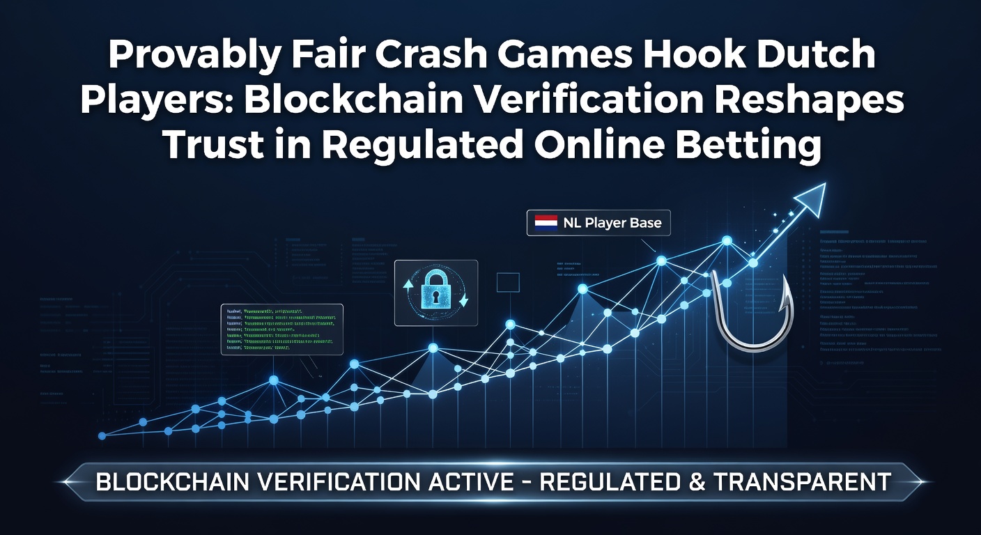 Grafiek van een crash game multiplier die stijgt met blockchain verificatie icoon op de achtergrond, illustrerend transparantie in online gokken