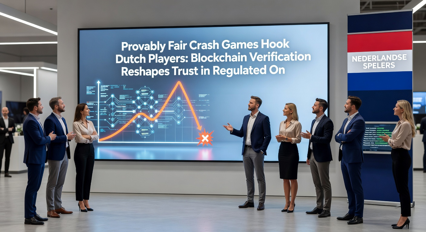 Schermafbeelding van een blockchain explorer met crash game verificatie data, naast een Nederlandse vlag en casino interface