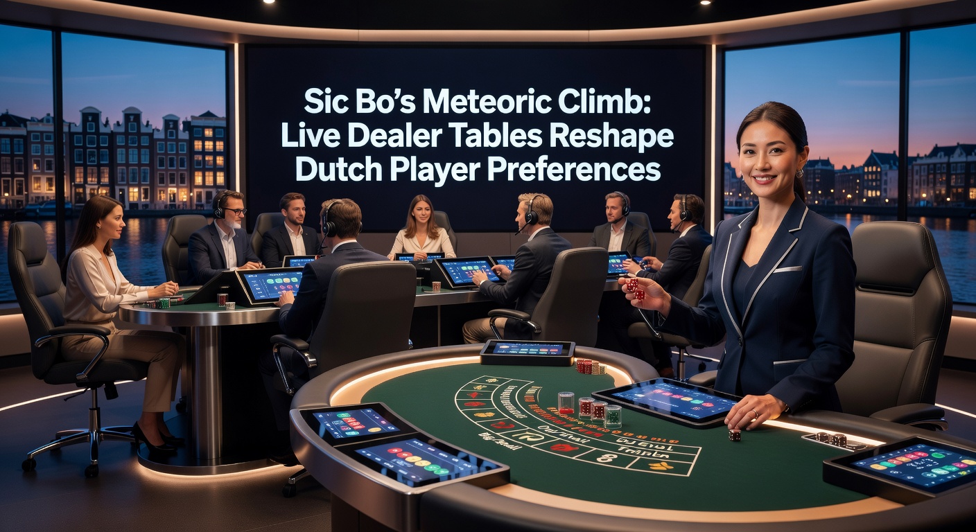 Dynamische close-up van een Sic Bo dobbelsteenworp door een live dealer, met spelersschermen op de achtergrond die Nederlandse vlaggetjes tonen