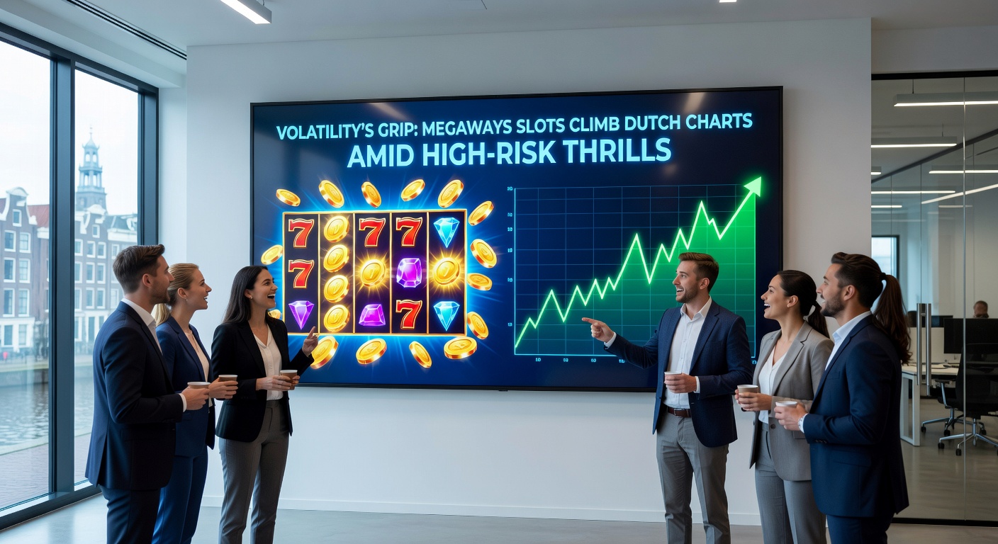 Speler aan een tablet met een high-volatility Megaways slot in actie, symbolen vallen en multipliers klimmen